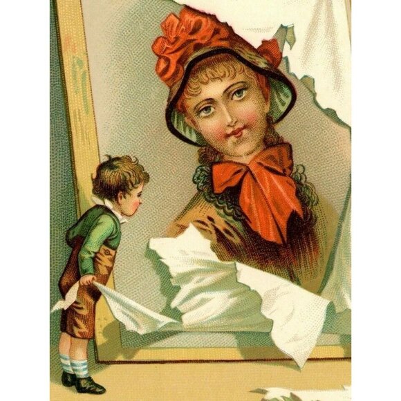 1880's Victorian Trade Card Tiny Cute Boy Opens Big Portrait Of Lovey Lady! - Picture 1 of 9